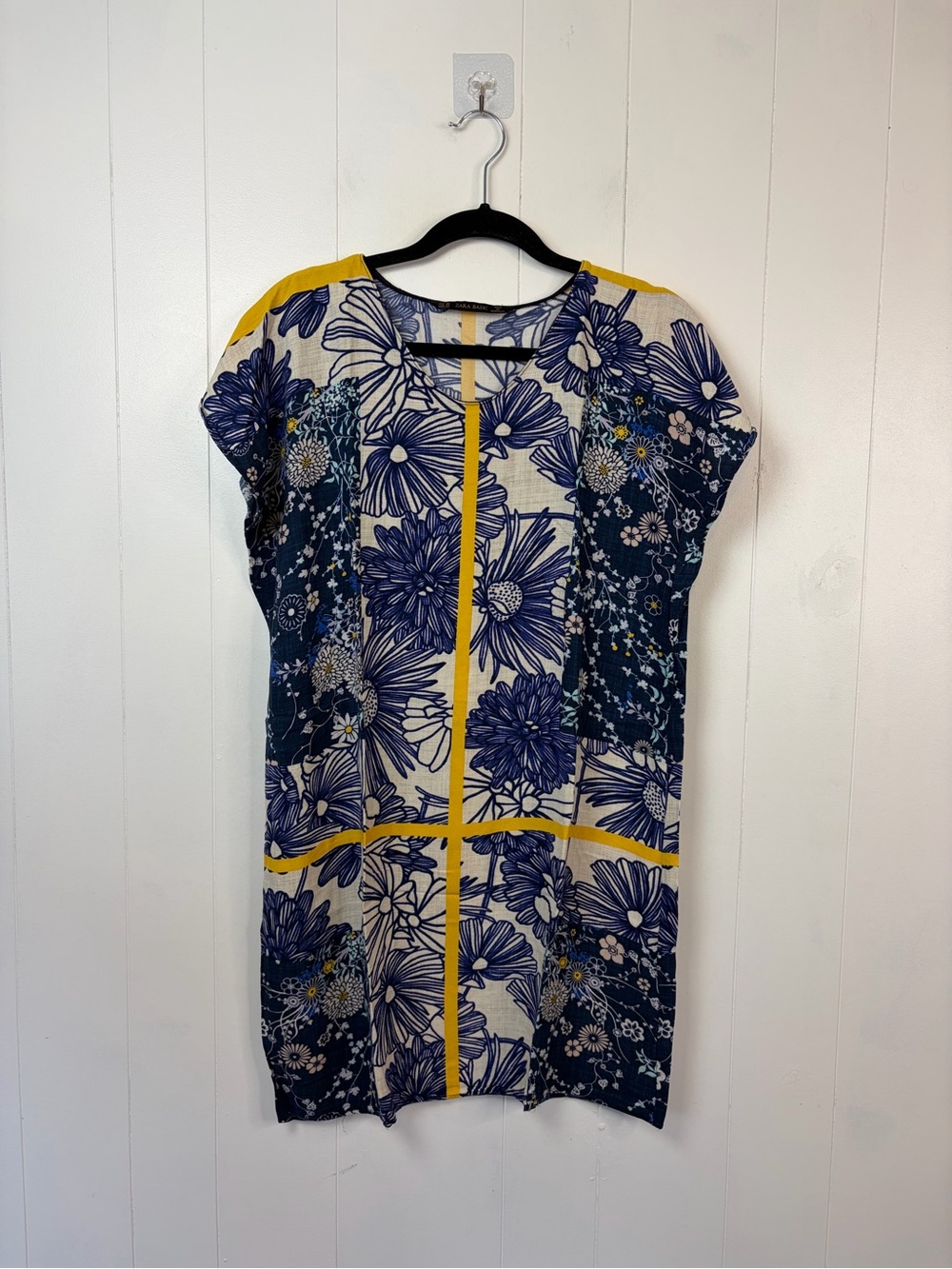 Zara Basic Blue Floral Loose Shift Dress Small Coastal Summer office Midi xs - Picture 2 of 9